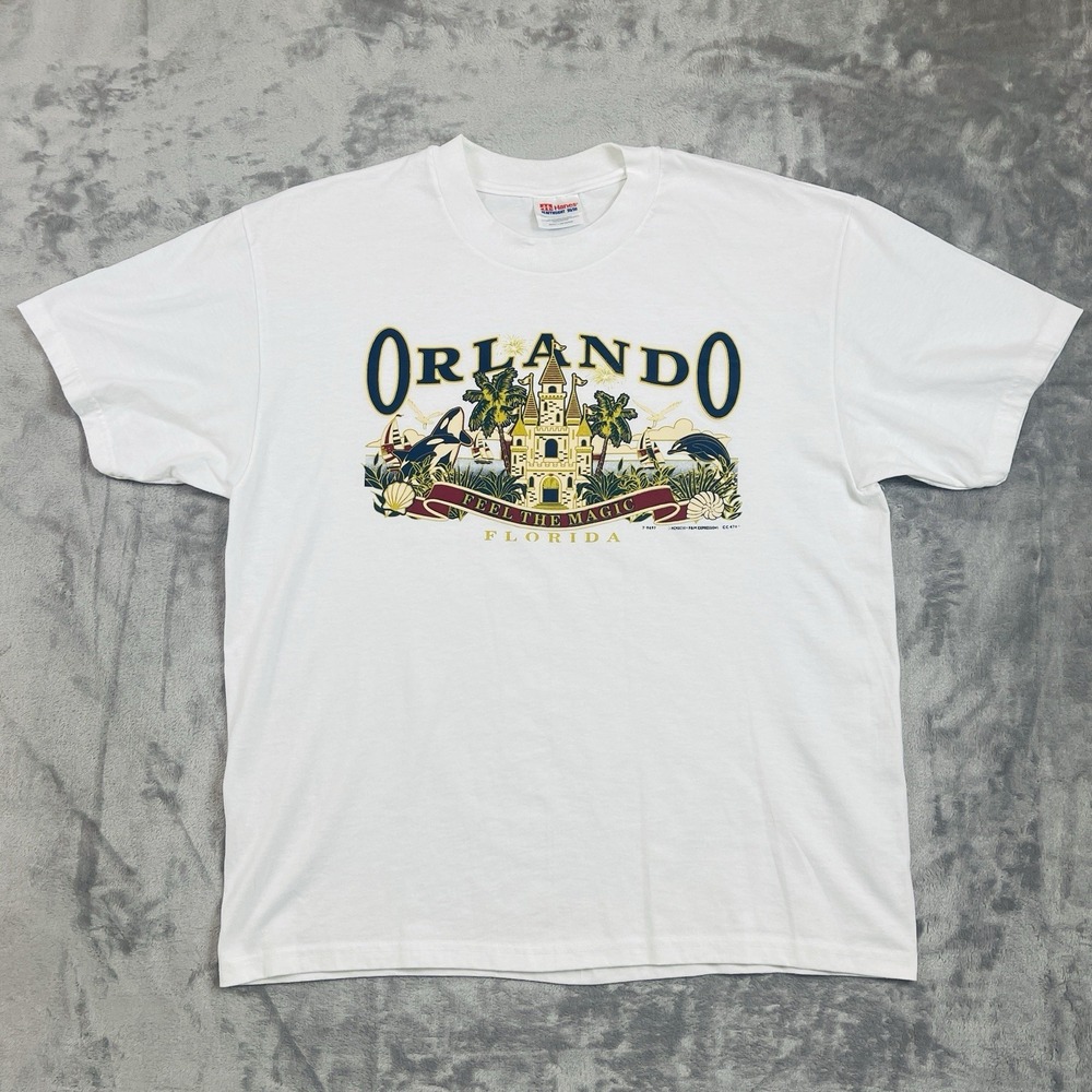 Orlando Florida Feel The Magic T Shirt‎ Fruit Loom Large White Graphic USA Vtg